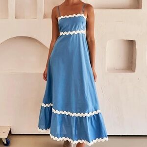 NWT Rickrack Trim Spaghetti Straps Smocked Boho Flowy Ruffle Maxi Denim Dress